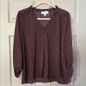 CeCe Burgundy and Black Printed V-Neck Long Sleeve Blouse